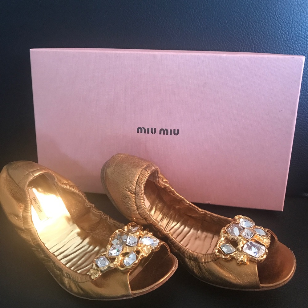 Miu Miu Gold Scrunch Open Toe Sandal with Crystals